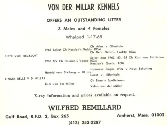 WHELPED 1-17-1968 Historical Von Der Millar Litter Announcement